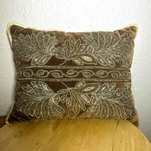 Pier 1 Brown and Gold Beaded Rectangular Shiny Pillow 15 x 12